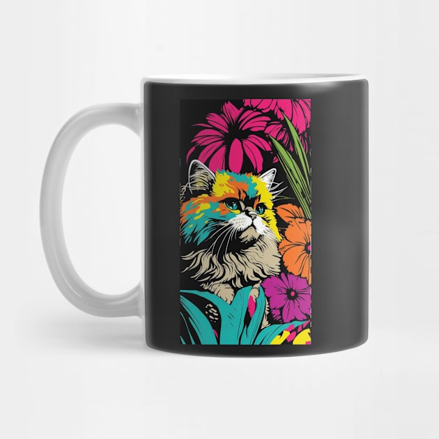 Persian Cat Vibrant Tropical Flower Tall Retro Vintage Digital Pop Art Portrait by ArtHouseFlunky